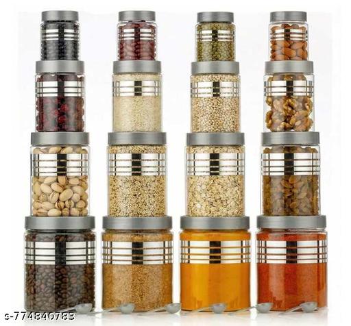 Plastic Pet Storage Jar and Container, Set of 16 With Spoons AirTight | Kitchen Organiser Improved Model Silver line Printed - Lumae