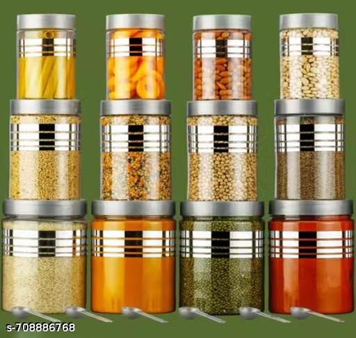 Plastic Pet Storage Jar and Container, Set of 12 With Spoons AirTight Kitchen Organiser Improved Model Silver line Printed - Lumae