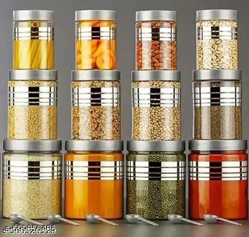 Plastic Pet Storage Jar and Container, Set of 12 With Spoons AirTight | Kitchen Use Organiser Improved line Printed (Gray 12 Pcs) - Lumae