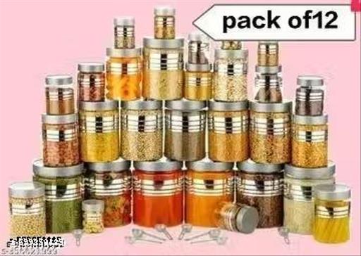Plastic Pet Storage Jar and Container, Set of 12 With Spoons AirTight | Kitchen Use Organiser Improved line Printed (Gray 12 Pcs) - Lumae