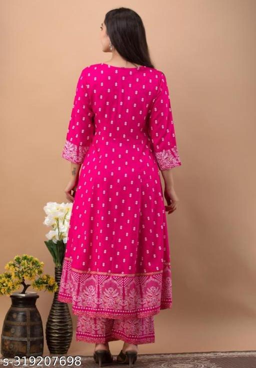 Women's Rayon Printed Anarkali Kurti with Pant and Dupatta Set  - Lumae