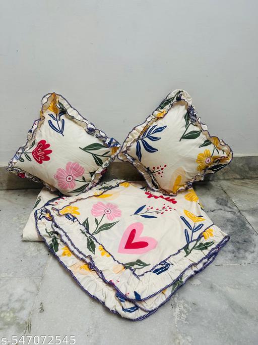Queen Size Double Bedsheet Set with 2 Frilly Pillow Covers & 2 Frilled Cushions – Elegant Frill Design - NJORA LUXURY FASHION