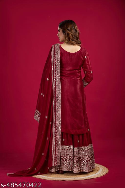 नए चिन्नोन सिल्क के साथ भारी कढ़ाई वाला टॉप-पलाज़ो और दुपट्टा सेट पेश कर रहे हैं, जो पूरी तरह से सिला हुआ तैयार पहनने के लिए संग्रह है। - Lumae