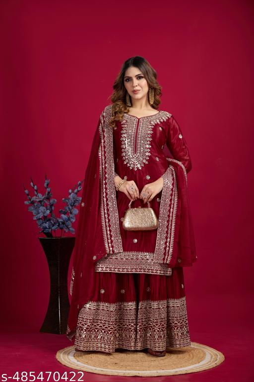 नए चिन्नोन सिल्क के साथ भारी कढ़ाई वाला टॉप-पलाज़ो और दुपट्टा सेट पेश कर रहे हैं, जो पूरी तरह से सिला हुआ तैयार पहनने के लिए संग्रह है। - Lumae