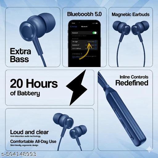 Wireless in-Ear Neckband Bluetooth Earphones with 10mm Drivers, Rich Music Experience, Above 20 Hours Playtime, Type C Fast Charging, Neckband Earphones with Voice Assistant-Blue - Lumae