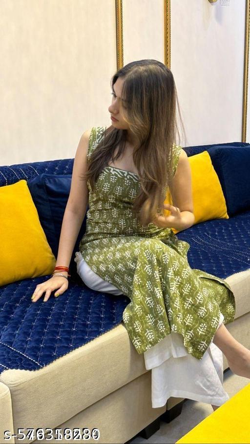Green leaf print square neck casul, daily wear, collage/office wear sleeveless kurti - NJORA LUXURY FASHION