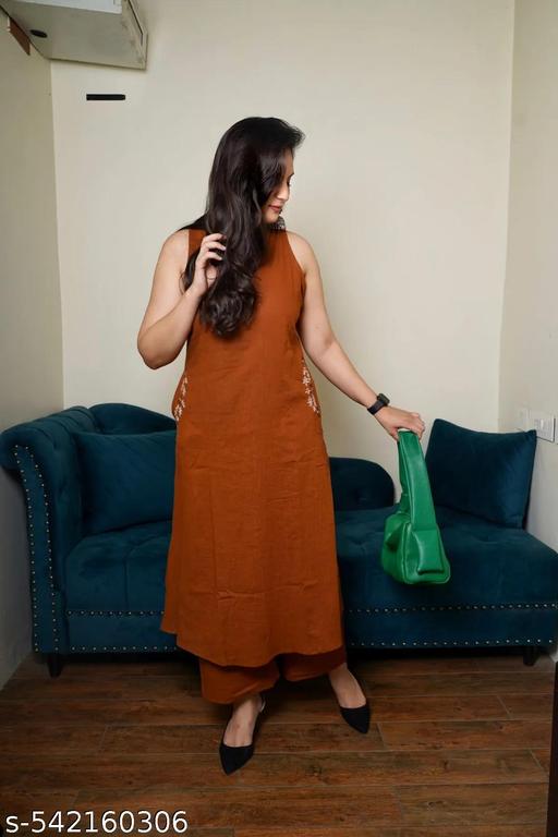 RUDRA_ENTERPRISE Beautiful Embroidery work Sleeveless Aline Kurta Palazzo set Rust - NJORA LUXURY FASHION