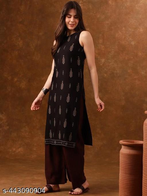 Black Ethnic Motifs Printed Sleeveless Straight Kurta - NJORA LUXURY FASHION
