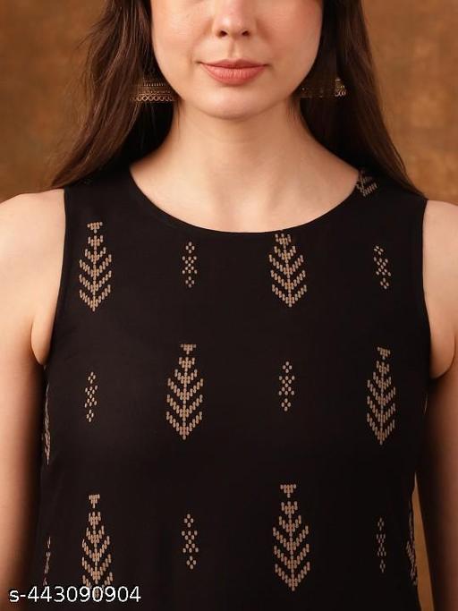 Black Ethnic Motifs Printed Sleeveless Straight Kurta - NJORA LUXURY FASHION