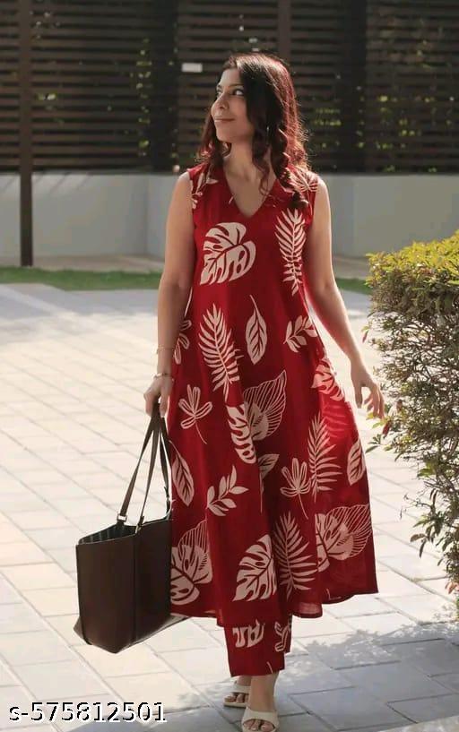 Women Ethnic Printed Rayon Slub Sleevlees Kurta Plazzos Set - NJORA LUXURY FASHION