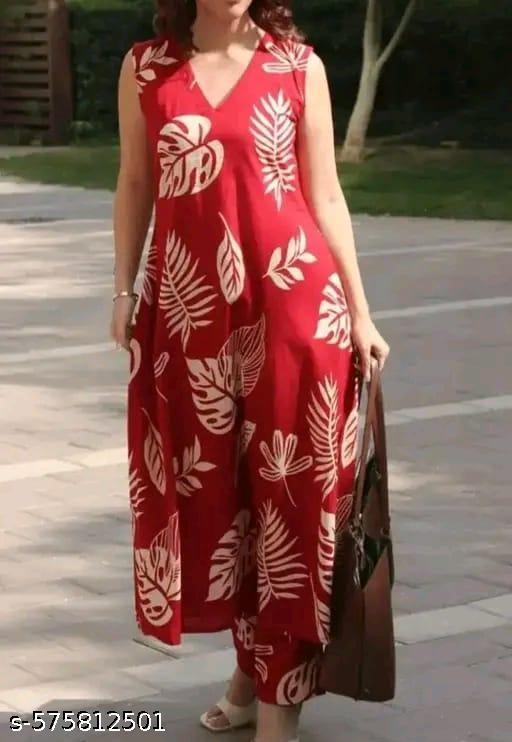 Women Ethnic Printed Rayon Slub Sleevlees Kurta Plazzos Set - NJORA LUXURY FASHION