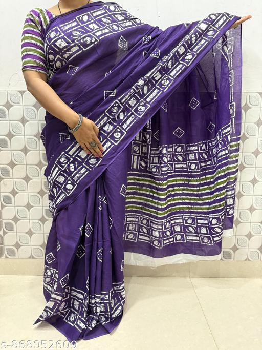 Jaipuri Hand Block Printed Daily Wear Soft Cotton Mulmul Saree ,Sanganeri Cotton Mulmul Saree, Indigo Print saree,Bagru Cotton Saree, Batic / Batik Print Cotton saree In Super Fine 92*80 Fabric Quality With Attached Blouse Piece for Woman - NJORA LUXURY FASHION