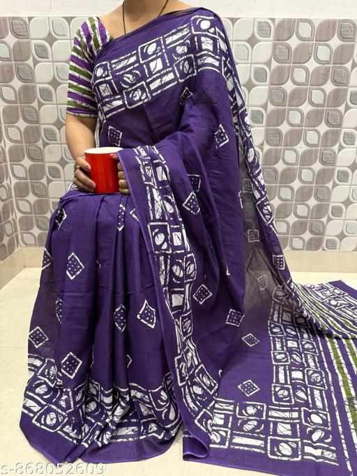 Jaipuri Hand Block Printed Daily Wear Soft Cotton Mulmul Saree ,Sanganeri Cotton Mulmul Saree, Indigo Print saree,Bagru Cotton Saree, Batic / Batik Print Cotton saree In Super Fine 92*80 Fabric Quality With Attached Blouse Piece for Woman - NJORA LUXURY FASHION