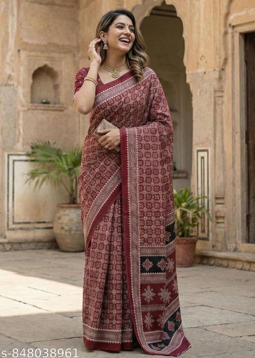 Latest Design Cotton Maroon Bagru Print Saree Sadi Saadi With Blouse Piece Trending Traditional Partywear Sari - NJORA LUXURY FASHION