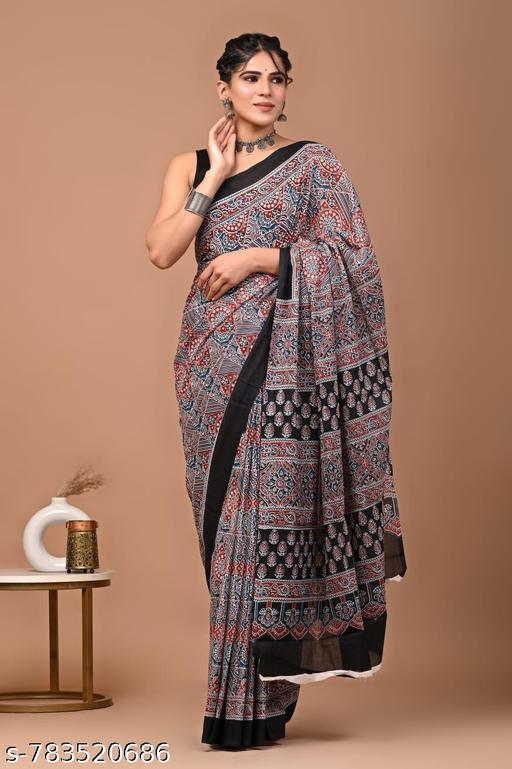 Women Fashion Handicrafts Women's Hand Block Print Jaipuri Cotton Mulmul Saree with Blouse Piece | Stylish Trendy Hand Block Printed Soft Cotton Mulmul Saree ,latest cotton mulmul saree | NEW SUMMER HAND BLOCK PRINTED COTTON MULMUL SAREE WITH UNSTITCHED BLOUSE PIECE - NJORA LUXURY FASHION