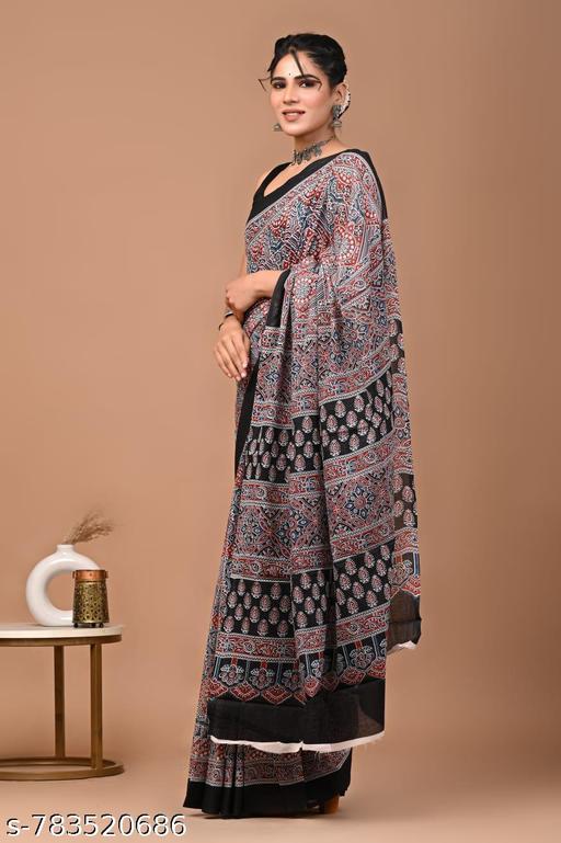 Women Fashion Handicrafts Women's Hand Block Print Jaipuri Cotton Mulmul Saree with Blouse Piece | Stylish Trendy Hand Block Printed Soft Cotton Mulmul Saree ,latest cotton mulmul saree | NEW SUMMER HAND BLOCK PRINTED COTTON MULMUL SAREE WITH UNSTITCHED BLOUSE PIECE - NJORA LUXURY FASHION