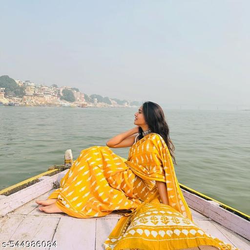 New Summer Soft Pure Cotton Mulmul Bagru Print Yellow Women's Saree With Printed Blouse - NJORA LUXURY FASHION