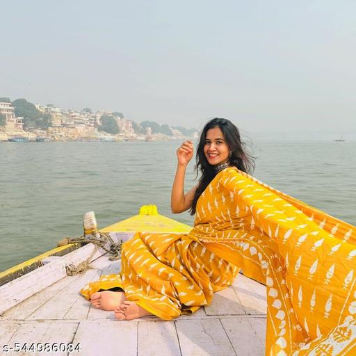 New Summer Soft Pure Cotton Mulmul Bagru Print Yellow Women's Saree With Printed Blouse - NJORA LUXURY FASHION
