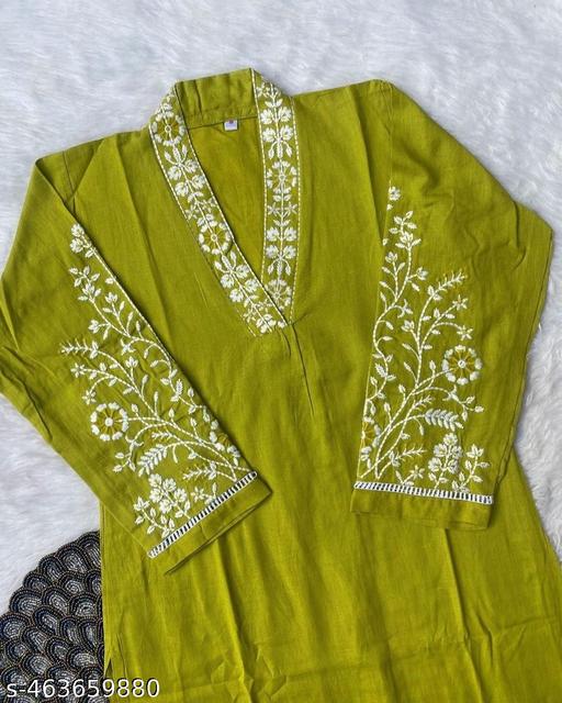 Elegant Green Kurta Pant Set for Women | Cotton Fabric | Embroidered Neck & Sleeve Design - NJORA LUXURY FASHION