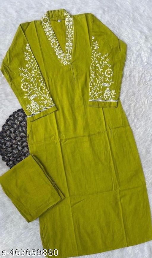 Elegant Green Kurta Pant Set for Women | Cotton Fabric | Embroidered Neck & Sleeve Design - NJORA LUXURY FASHION