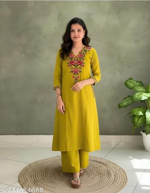 Fashion Factory  ​Women’s Pure Cotton Floral Embroidered V-Neck Kurta with Palazzo Set - NJORA LUXURY FASHION