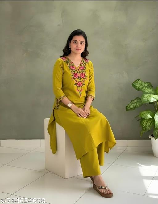 Fashion Factory  ​Women’s Pure Cotton Floral Embroidered V-Neck Kurta with Palazzo Set - NJORA LUXURY FASHION