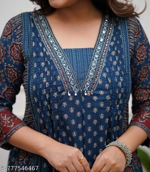 Women Cotton Ajrakh Print Anarkali Kurta Palazzo Set with Dupatta | Festive Ethnic Wear - NJORA LUXURY FASHION