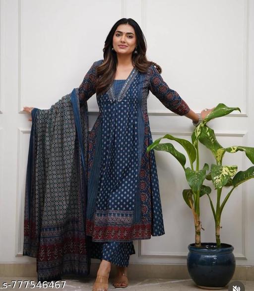 Women Cotton Ajrakh Print Anarkali Kurta Palazzo Set with Dupatta | Festive Ethnic Wear - NJORA LUXURY FASHION