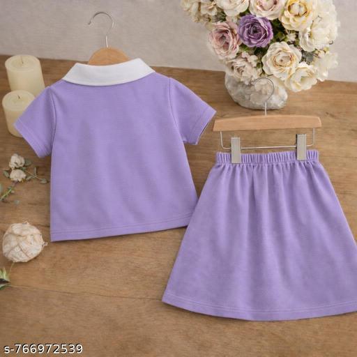 Baby Girls Lavender Ribbed Cotton Top & Skirt Set | Flower Applique Polo Collar Dress Set - NJORA LUXURY FASHION