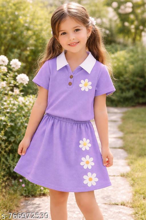 Baby Girls Lavender Ribbed Cotton Top & Skirt Set | Flower Applique Polo Collar Dress Set - NJORA LUXURY FASHION
