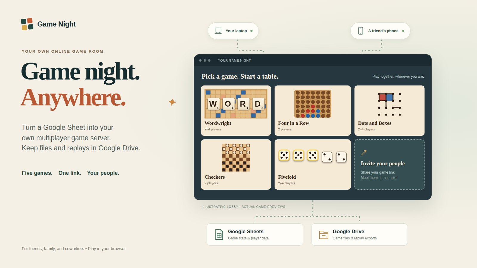 Game Night: turn a Google Sheet into your own online game room, play five games with people on separate devices, and keep files and replays in Google Drive.