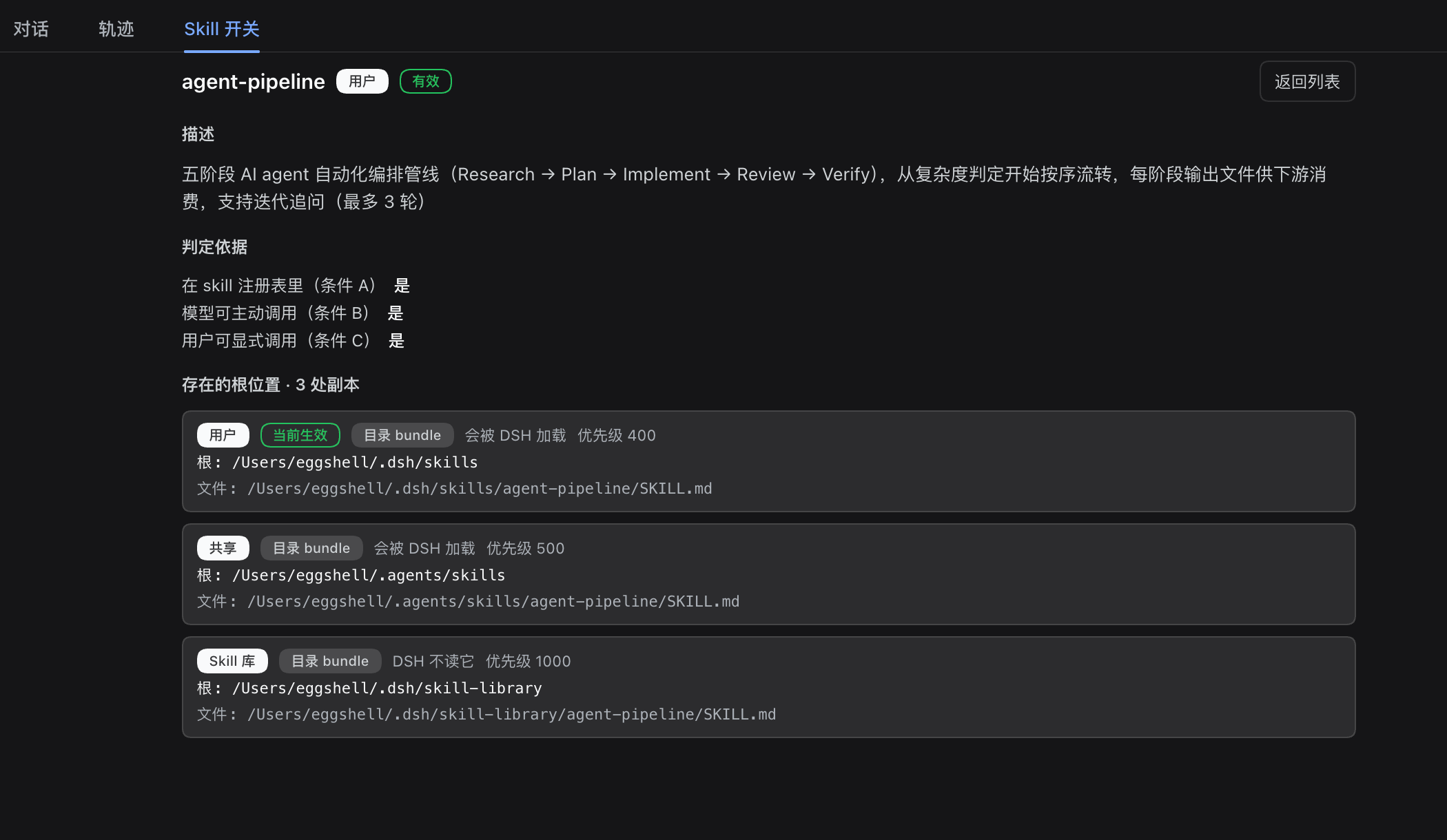详情视图：描述、判定依据（条件 A/B/C 逐条 是/否）、存在的根位置（每处副本的根 / 文件 / 形态 / rank / 是否加载）