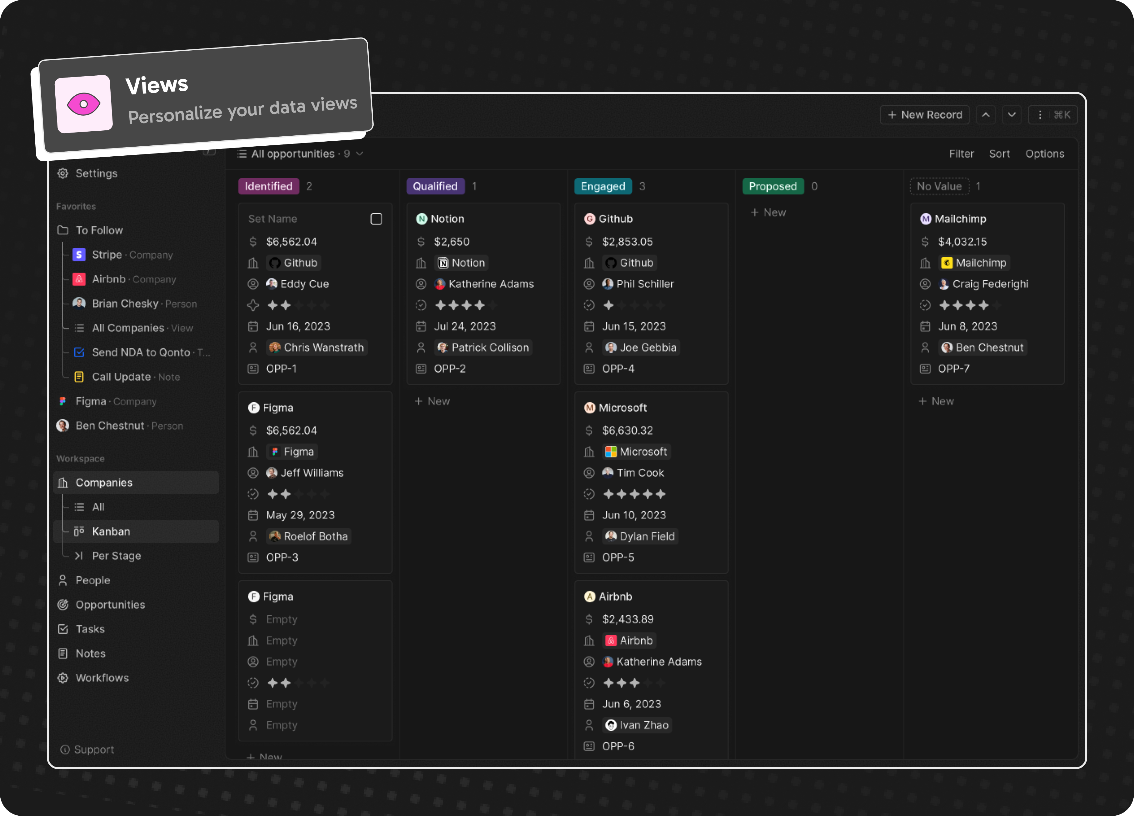 Twenty CRM Interface showing Kanban board view