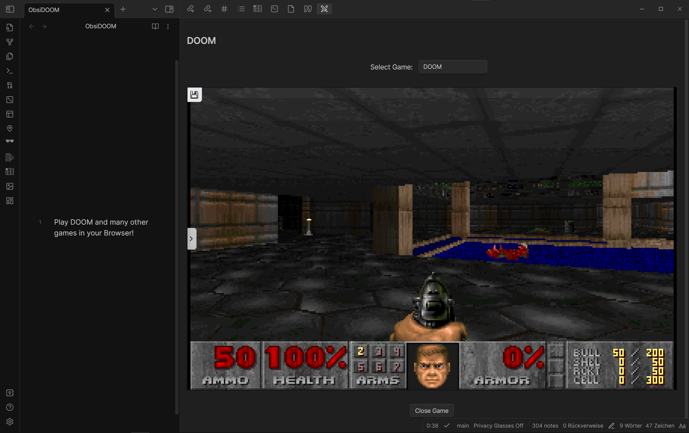 Screenshot showing how DOOM is played in the vault.