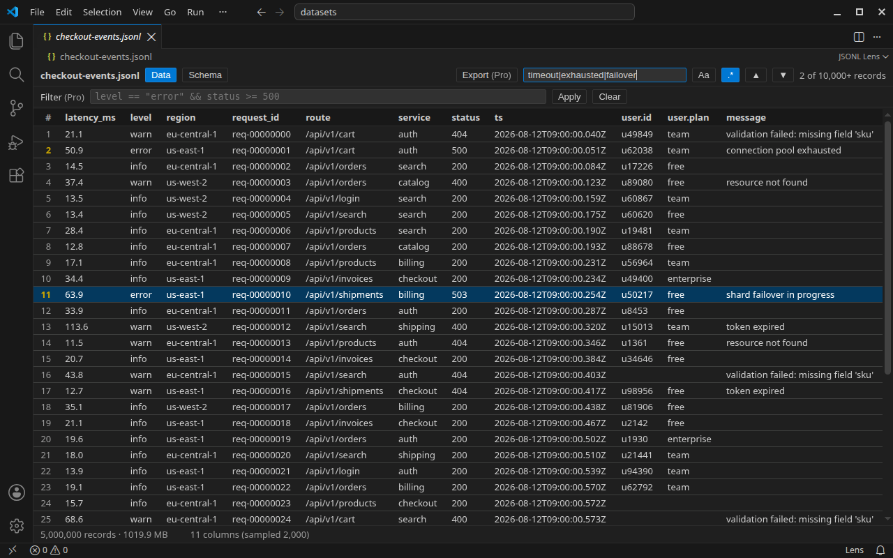 JSONL Lens regular expression search