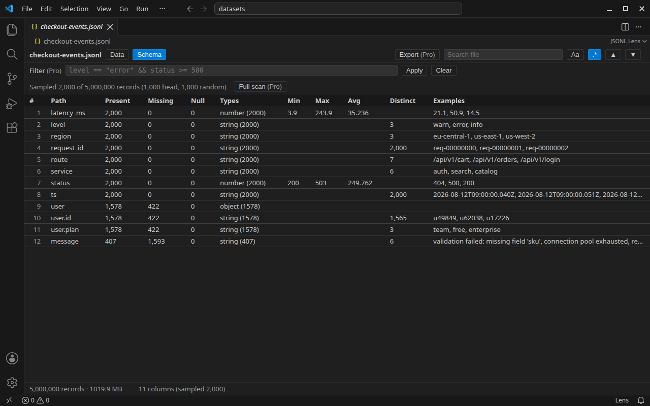 JSONL Lens schema tab