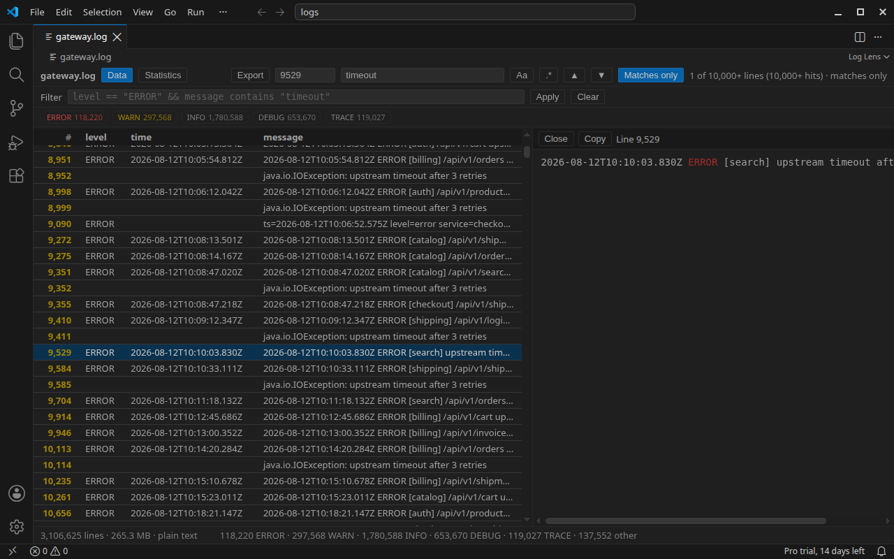Log Lens whole-file search