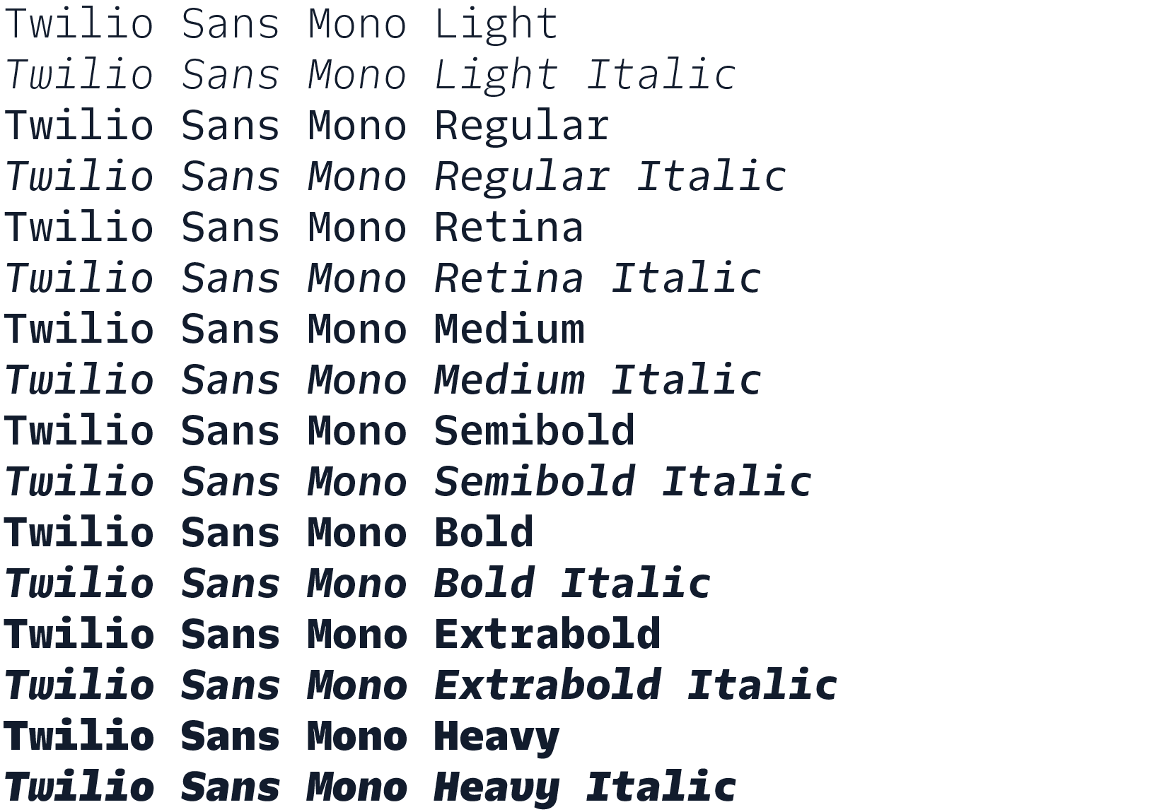 Screenshot of the included weights of Light, Medium, Regular, Retina, Semibold, Bold, Extrabold and Heavy as well as their respective italics versions