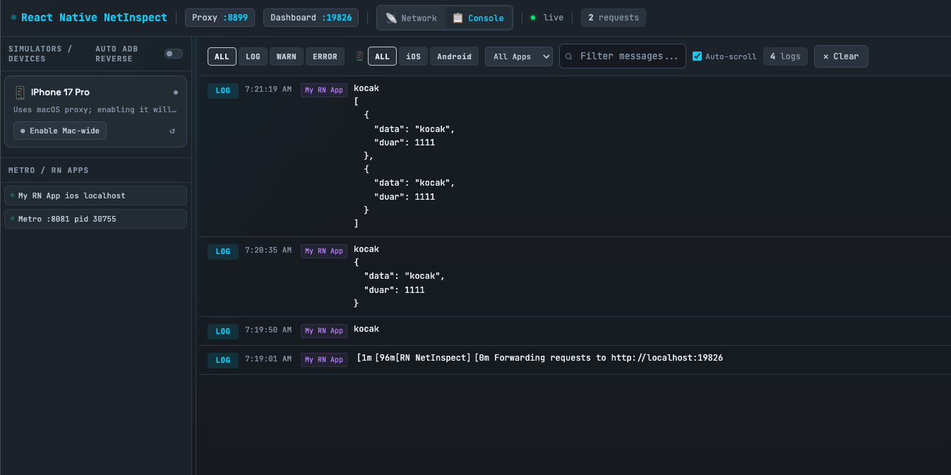 React Native NetInspect Console