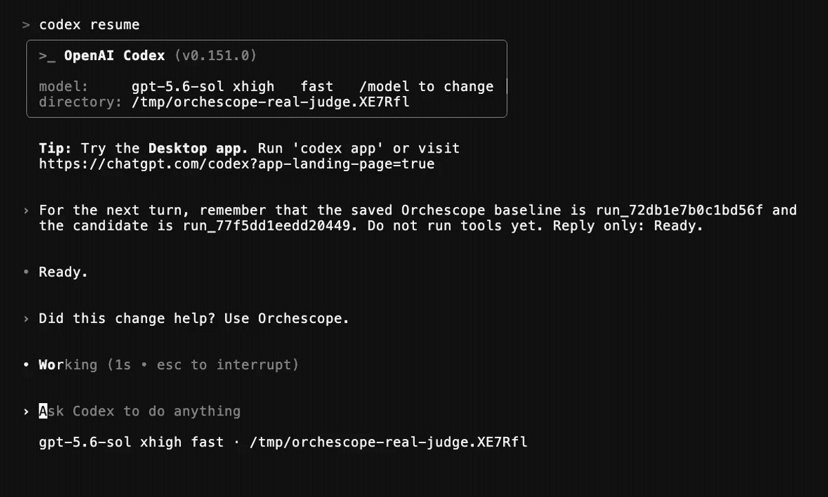 Codex uses Orchescope to compare a saved baseline with a candidate