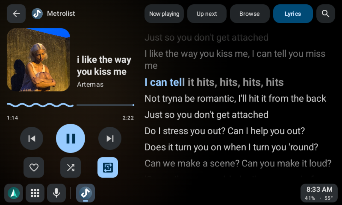 Synced lyrics beside the player, lit up to the word being sung