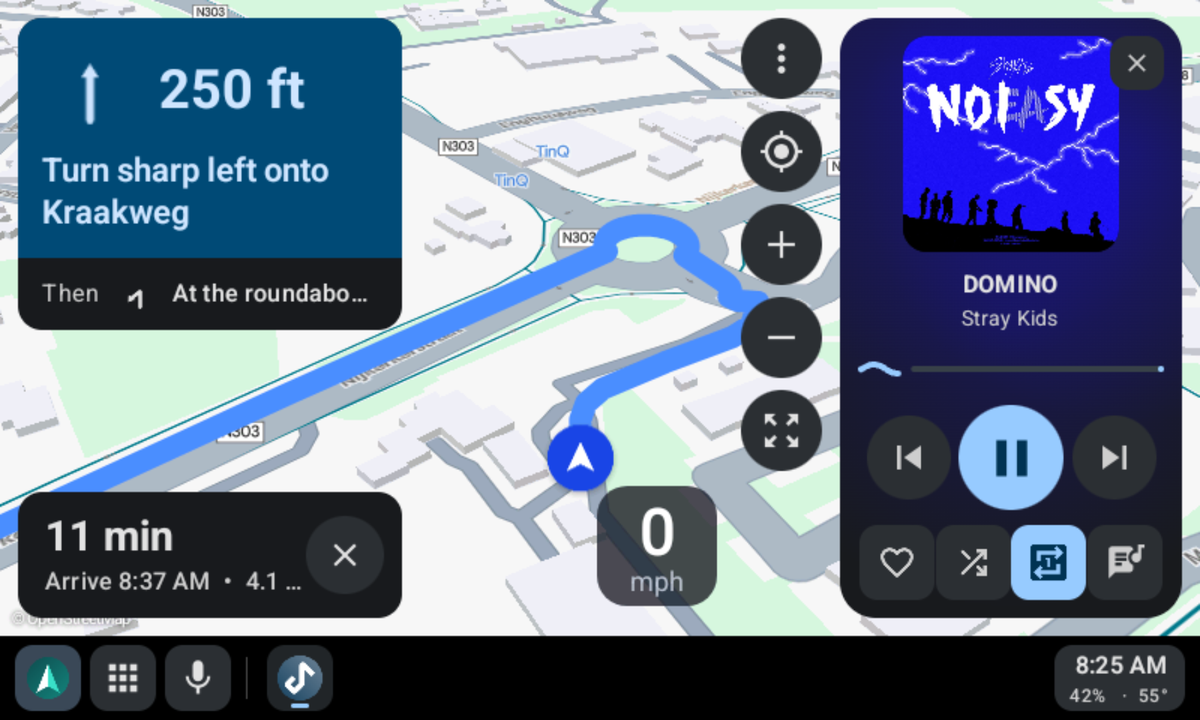 Vela Maps showing the route, with the music player beside the map