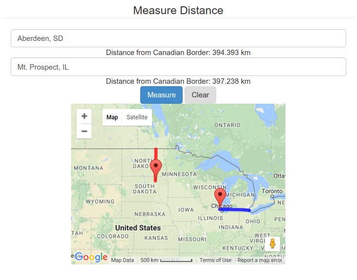 Aberdeen, SD is 394.393 km from the Canadian border, whereas Mt. Prospect, IL is 397.238 km