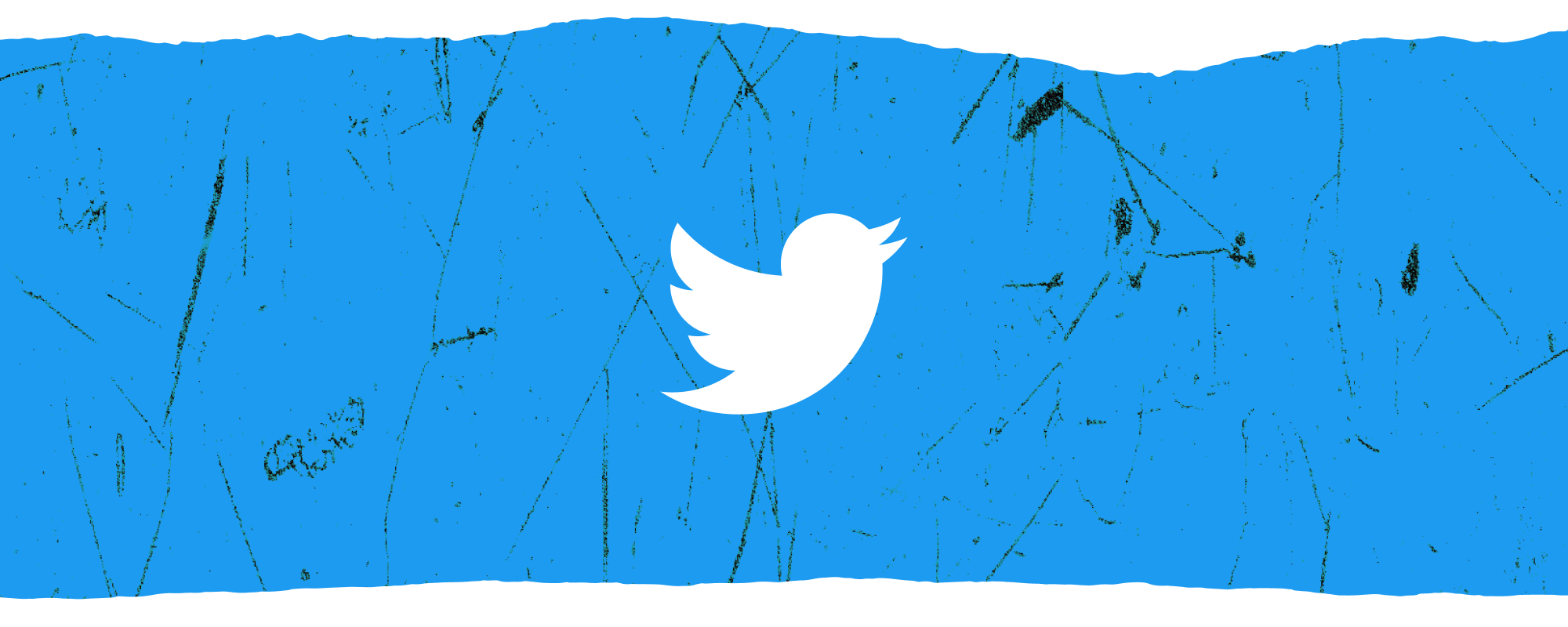 White Twitter logo in front of a textured horizontal banner of blue overlaid on white