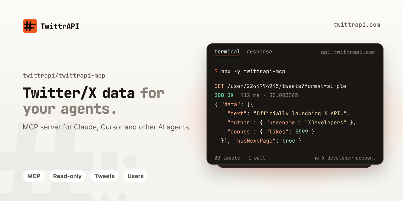 twittrapi-mcp: Twitter/X MCP server for AI agents, npx -y twittrapi-mcp