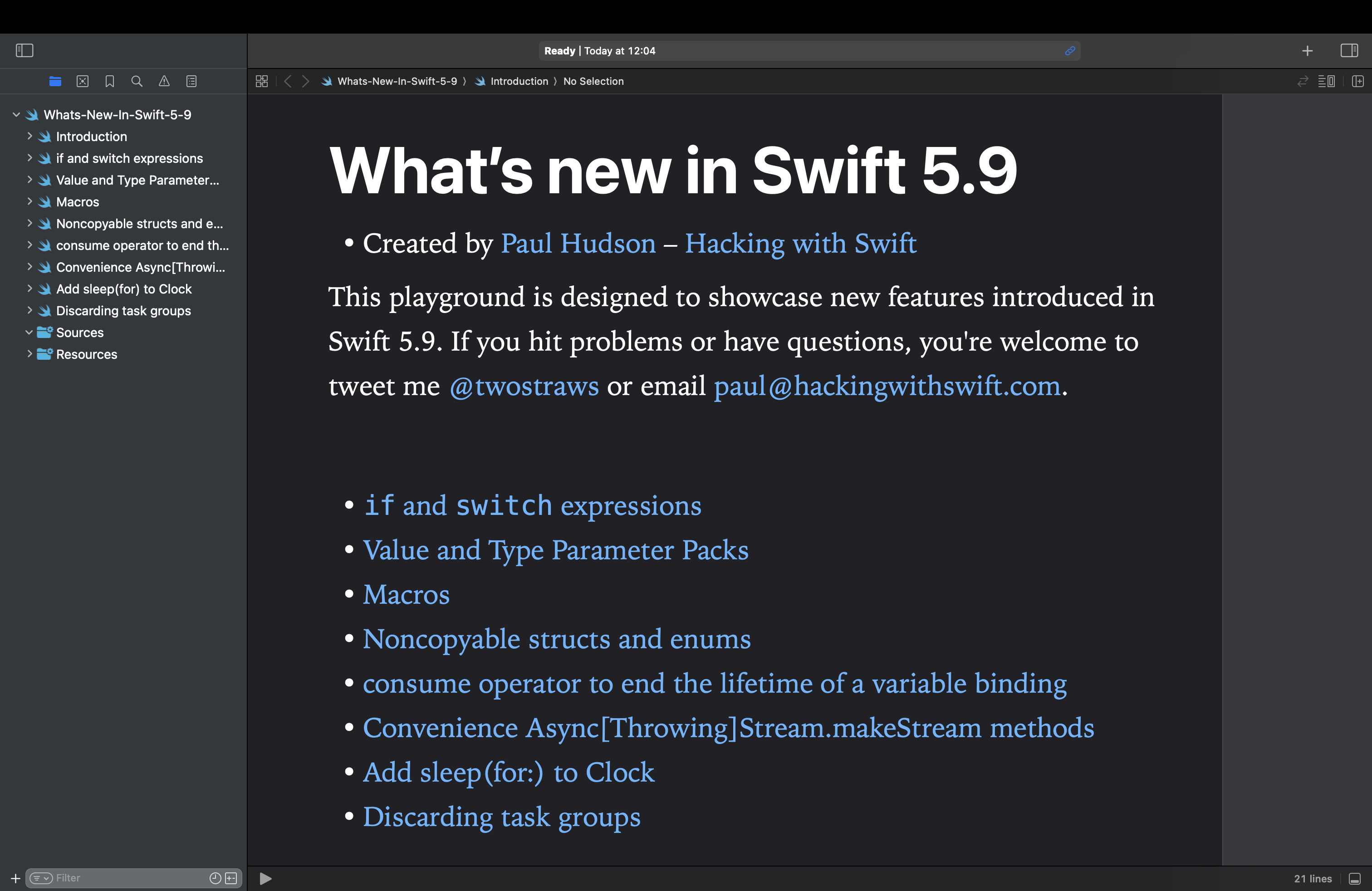 Screenshot of Xcode 15.4 running this playground.