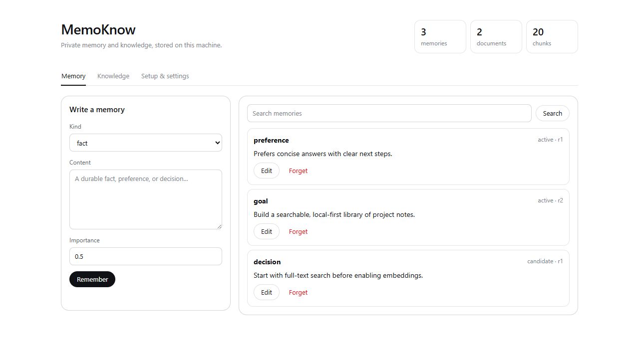 MemoKnow memory library with three example memories and a write form