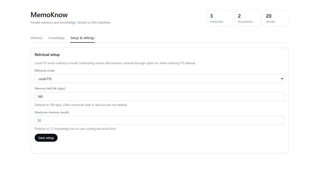 MemoKnow retrieval setup using the default Local FTS mode