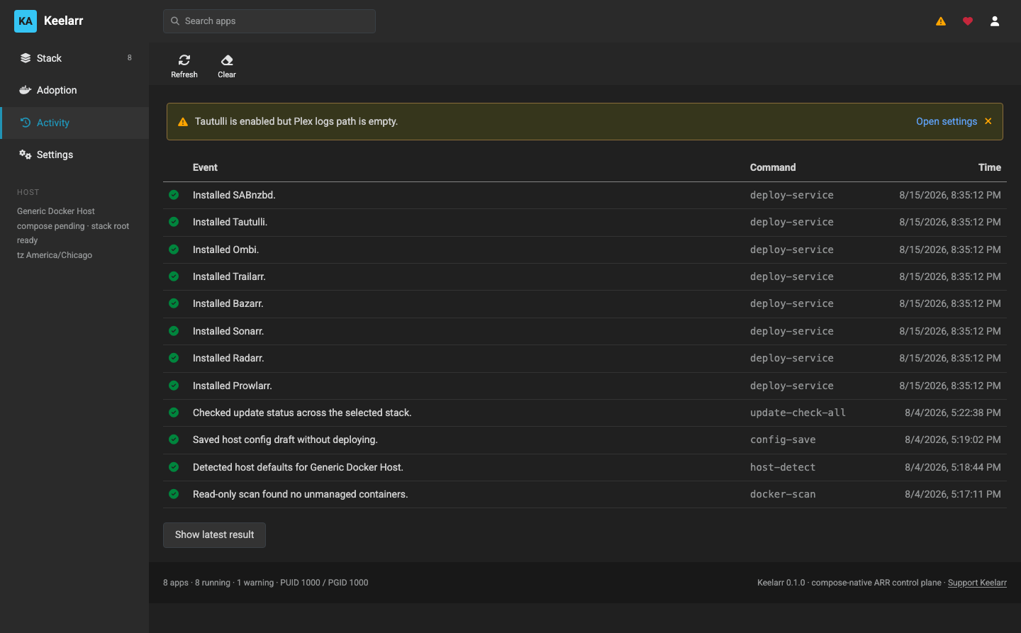The activity feed, showing each operation and the command behind it
