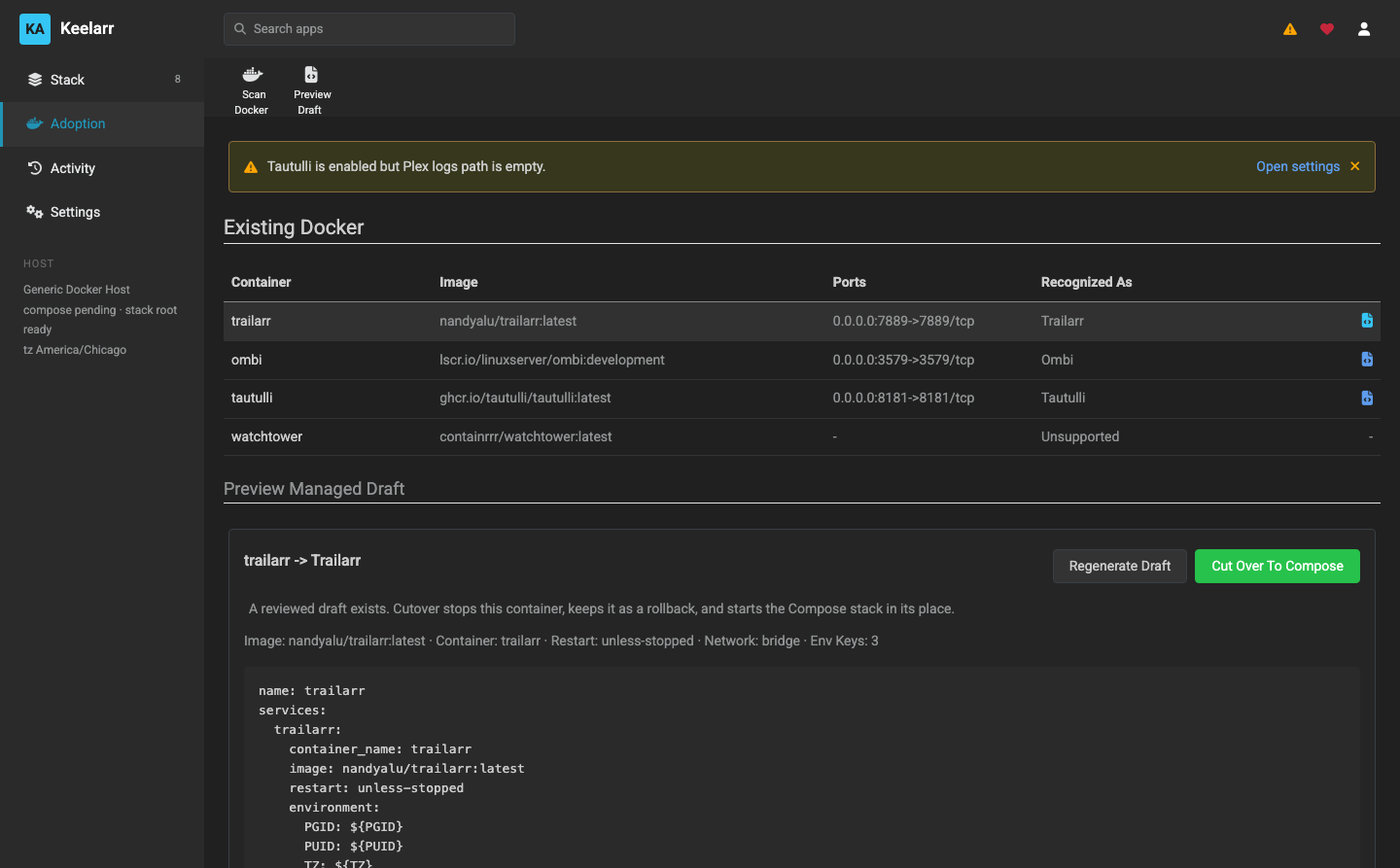A generated managed draft, showing the compose file and an env key count
